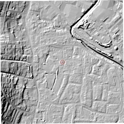 Shaded relief map of the ground around BS206BT, computed from Environment Agency LiDAR. The ground here sits at about 7 m above sea level and falls 20 m across the surrounding 800 m. Surface water reaching this point runs off ground lying to the south-south-west, 1.5 m higher.