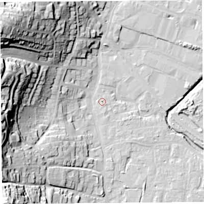Shaded relief map of the ground around BS206BY, computed from Environment Agency LiDAR. The ground here sits at about 7 m above sea level and falls 54 m across the surrounding 800 m. Surface water reaching this point runs off ground lying to the south-west, 50.4 m higher.