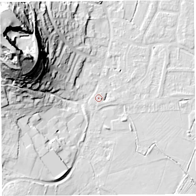 Shaded relief map of the ground around BS206BZ, computed from Environment Agency LiDAR. The ground here sits at about 7 m above sea level and falls 57 m across the surrounding 800 m. Surface water reaching this point runs off ground lying to the west-north-west, 52.5 m higher.