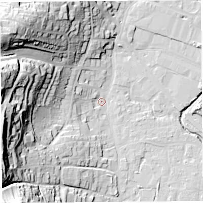 Shaded relief map of the ground around BS206EH, computed from Environment Agency LiDAR. The ground here sits at about 7 m above sea level and falls 55 m across the surrounding 800 m. Surface water reaching this point runs off ground lying to the south-west, 51.6 m higher.