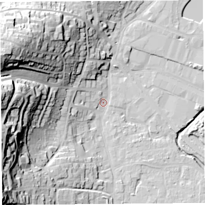 Shaded relief map of the ground around BS206EL, computed from Environment Agency LiDAR. The ground here sits at about 7 m above sea level and falls 53 m across the surrounding 800 m. Surface water reaching this point runs off ground lying to the west-north-west, 49.9 m higher.
