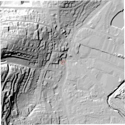 Shaded relief map of the ground around BS206EN, computed from Environment Agency LiDAR. The ground here sits at about 7 m above sea level and falls 53 m across the surrounding 800 m. Surface water reaching this point runs off ground lying to the west-north-west, 36.2 m higher.