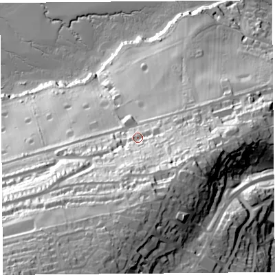 Shaded relief map of the ground around BS206JZ, computed from Environment Agency LiDAR. The ground here sits at about 48 m above sea level and falls 105 m across the surrounding 800 m. Surface water reaching this point runs off ground lying to the south, 42.4 m higher.
