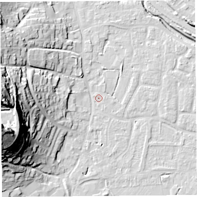 Shaded relief map of the ground around BS206PJ, computed from Environment Agency LiDAR. The ground here sits at about 7 m above sea level and falls 53 m across the surrounding 800 m. Surface water reaching this point runs off ground lying to the west-south-west, 48.7 m higher.