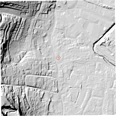 Shaded relief map of the ground around BS206PL, computed from Environment Agency LiDAR. The ground here sits at about 7 m above sea level and falls 58 m across the surrounding 800 m. Surface water reaching this point runs off ground lying to the west-south-west, 40.4 m higher.