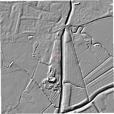 Shaded relief map of the ground around BS206PN, computed from Environment Agency LiDAR. The ground here sits at about 8 m above sea level and falls 9 m across the surrounding 800 m. Surface water reaching this point runs off ground lying to the south-south-west, 1.1 m higher.