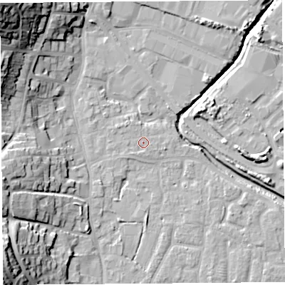 Shaded relief map of the ground around BS206PP, computed from Environment Agency LiDAR. The ground here sits at about 7 m above sea level and falls 31 m across the surrounding 800 m. Surface water reaching this point runs off ground lying to the south-south-west, 0.8 m higher.