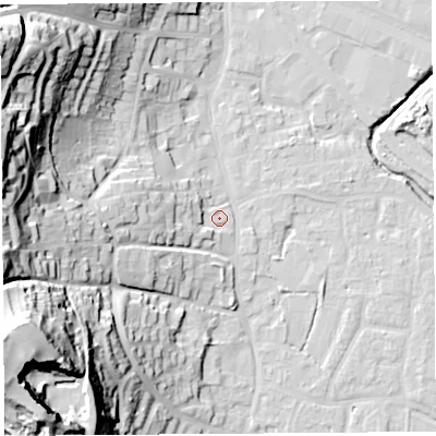 Shaded relief map of the ground around BS206PR, computed from Environment Agency LiDAR. The ground here sits at about 8 m above sea level and falls 60 m across the surrounding 800 m. Surface water reaching this point runs off ground lying to the west, 12.3 m higher.