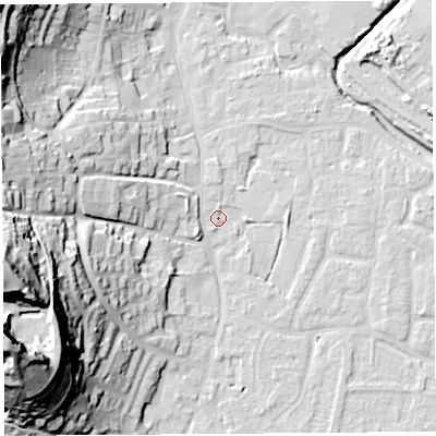 Shaded relief map of the ground around BS206PT, computed from Environment Agency LiDAR. The ground here sits at about 7 m above sea level and falls 56 m across the surrounding 800 m. Surface water reaching this point runs off ground lying to the west-south-west, 53.7 m higher.