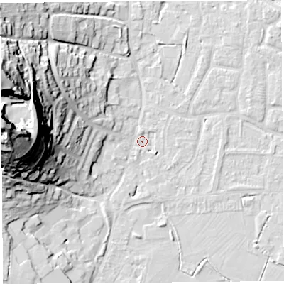 Shaded relief map of the ground around BS206PW, computed from Environment Agency LiDAR. The ground here sits at about 7 m above sea level and falls 56 m across the surrounding 800 m. Surface water reaching this point runs off ground lying to the west, 53.4 m higher.