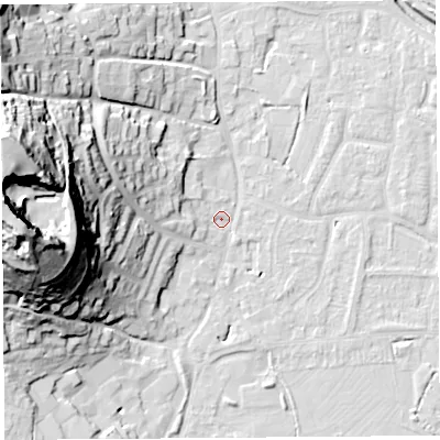 Shaded relief map of the ground around BS206PY, computed from Environment Agency LiDAR. The ground here sits at about 7 m above sea level and falls 58 m across the surrounding 800 m. Surface water reaching this point runs off ground lying to the west, 53.4 m higher.