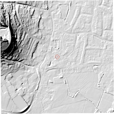 Shaded relief map of the ground around BS206PZ, computed from Environment Agency LiDAR. The ground here sits at about 7 m above sea level and falls 52 m across the surrounding 800 m. Surface water reaching this point runs off ground lying to the south, 1.8 m higher.