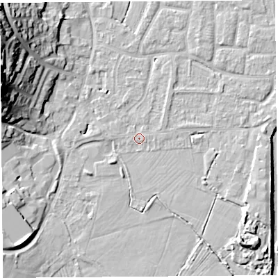 Shaded relief map of the ground around BS206QA, computed from Environment Agency LiDAR. The ground here sits at about 7 m above sea level and falls 24 m across the surrounding 800 m. Surface water reaching this point runs off ground lying to the north, 0.7 m higher.