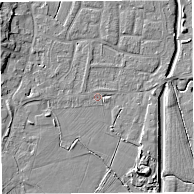 Shaded relief map of the ground around BS206QB, computed from Environment Agency LiDAR. The ground here sits at about 7 m above sea level and falls 10 m across the surrounding 800 m. Surface water reaching this point runs off ground lying to the east-south-east, 1.6 m higher.