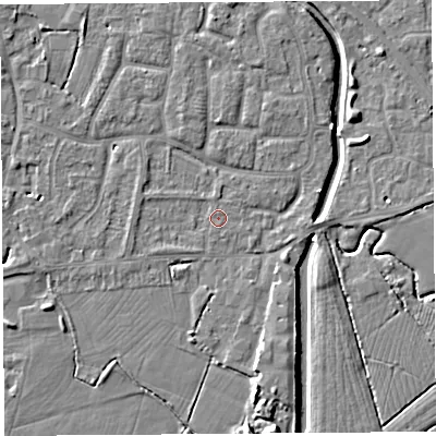 Shaded relief map of the ground around BS206QD, computed from Environment Agency LiDAR. The ground here sits at about 7 m above sea level and falls 9 m across the surrounding 800 m. Surface water reaching this point runs off ground lying to the west-south-west, 0.9 m higher.