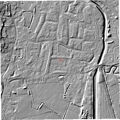 Shaded relief map of the ground around BS206QE, computed from Environment Agency LiDAR. The ground here sits at about 7 m above sea level and falls 8 m across the surrounding 800 m. Surface water reaching this point runs off ground lying to the south-west, 0.9 m higher.