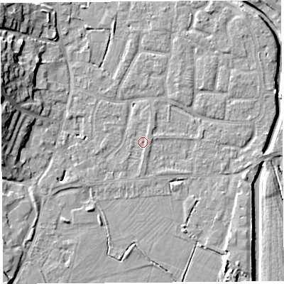 Shaded relief map of the ground around BS206QF, computed from Environment Agency LiDAR. The ground here sits at about 7 m above sea level and falls 14 m across the surrounding 800 m. Surface water reaching this point runs off ground lying to the north-north-east, 0.8 m higher.