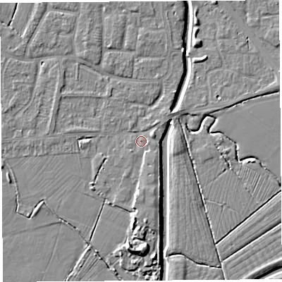 Shaded relief map of the ground around BS206QG, computed from Environment Agency LiDAR. The ground here sits at about 7 m above sea level and falls 9 m across the surrounding 800 m. Surface water reaching this point runs off ground lying to the south-south-east, 1.8 m higher.