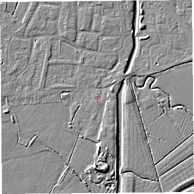 Shaded relief map of the ground around BS206QH, computed from Environment Agency LiDAR. The ground here sits at about 7 m above sea level and falls 9 m across the surrounding 800 m. Surface water reaching this point runs off ground lying to the south-east, 1.8 m higher.