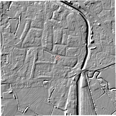 Shaded relief map of the ground around BS206QJ, computed from Environment Agency LiDAR. The ground here sits at about 7 m above sea level and falls 7 m across the surrounding 800 m. Surface water reaching this point runs off ground lying to the north-west, 2.3 m higher.