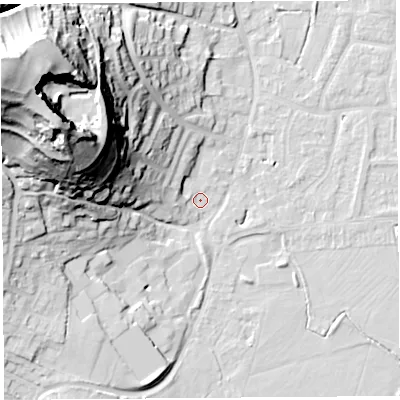 Shaded relief map of the ground around BS206QL, computed from Environment Agency LiDAR. The ground here sits at about 7 m above sea level and falls 62 m across the surrounding 800 m. Surface water reaching this point runs off ground lying to the west-north-west, 60.4 m higher.