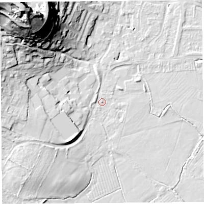Shaded relief map of the ground around BS206QN, computed from Environment Agency LiDAR. The ground here sits at about 7 m above sea level and falls 54 m across the surrounding 800 m. Surface water reaching this point runs off ground lying to the west, 8.6 m higher.