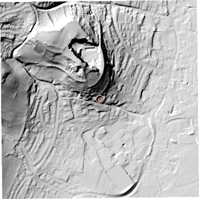 Shaded relief map of the ground around BS206QW, computed from Environment Agency LiDAR. The ground here sits at about 23 m above sea level and falls 67 m across the surrounding 800 m. Surface water reaching this point runs off ground lying to the north-north-west, 35.5 m higher.