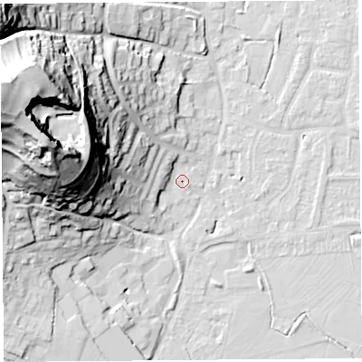 Shaded relief map of the ground around BS206QY, computed from Environment Agency LiDAR. The ground here sits at about 8 m above sea level and falls 61 m across the surrounding 800 m. Surface water reaching this point runs off ground lying to the west, 37.9 m higher.