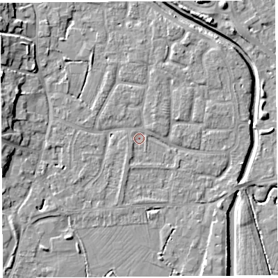 Shaded relief map of the ground around BS206QZ, computed from Environment Agency LiDAR. The ground here sits at about 6 m above sea level and falls 10 m across the surrounding 800 m. Surface water reaching this point runs off ground lying to the north-north-east, 2.3 m higher.