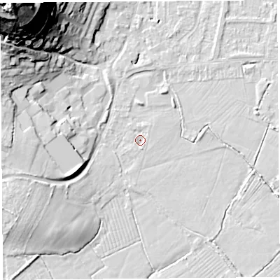 Shaded relief map of the ground around BS206RL, computed from Environment Agency LiDAR. The ground here sits at about 7 m above sea level and falls 50 m across the surrounding 800 m. Surface water reaching this point runs off ground lying to the west-south-west, 4.5 m higher.