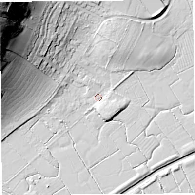 Shaded relief map of the ground around BS206RZ, computed from Environment Agency LiDAR. The ground here sits at about 7 m above sea level and falls 62 m across the surrounding 800 m. Surface water reaching this point runs off ground lying to the north-west, 59.4 m higher.