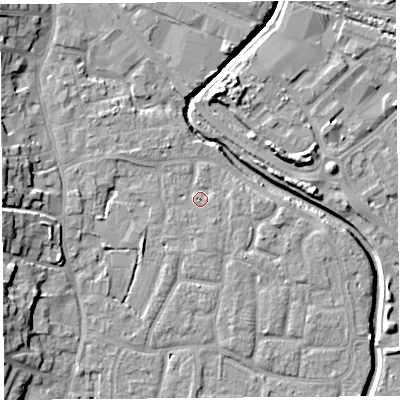 Shaded relief map of the ground around BS206SZ, computed from Environment Agency LiDAR. The ground here sits at about 7 m above sea level and falls 11 m across the surrounding 800 m. Surface water reaching this point runs off ground lying to the east-south-east, 2.0 m higher.