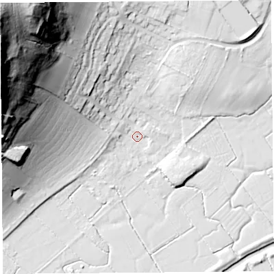 Shaded relief map of the ground around BS206TE, computed from Environment Agency LiDAR. The ground here sits at about 7 m above sea level and falls 78 m across the surrounding 800 m. Surface water reaching this point runs off ground lying to the west-north-west, 70.0 m higher.