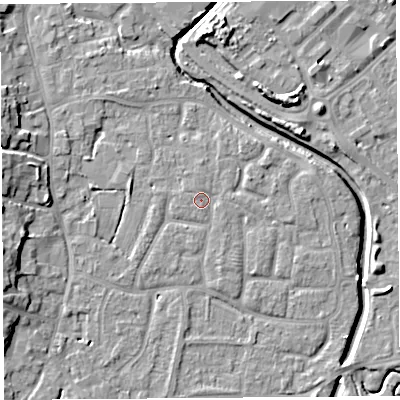 Shaded relief map of the ground around BS206UN, computed from Environment Agency LiDAR. The ground here sits at about 7 m above sea level and falls 10 m across the surrounding 800 m. Surface water reaching this point runs off ground lying to the east-north-east, 1.5 m higher.