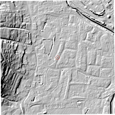 Shaded relief map of the ground around BS206UP, computed from Environment Agency LiDAR. The ground here sits at about 7 m above sea level and falls 21 m across the surrounding 800 m. Surface water reaching this point runs off ground lying to the north, 2.0 m higher.