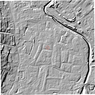 Shaded relief map of the ground around BS206UR, computed from Environment Agency LiDAR. The ground here sits at about 7 m above sea level and falls 11 m across the surrounding 800 m. Surface water reaching this point runs off ground lying to the south-east, 1.0 m higher.