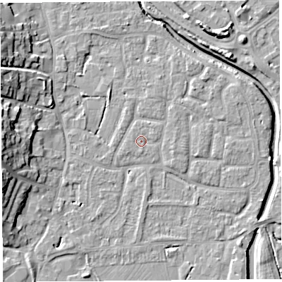 Shaded relief map of the ground around BS206US, computed from Environment Agency LiDAR. The ground here sits at about 7 m above sea level and falls 13 m across the surrounding 800 m. Surface water reaching this point runs off ground lying to the north-east, 0.9 m higher.