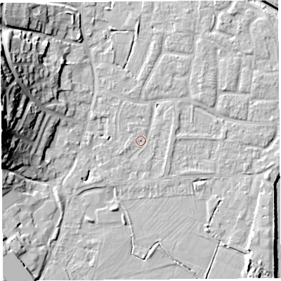 Shaded relief map of the ground around BS206UT, computed from Environment Agency LiDAR. The ground here sits at about 7 m above sea level and falls 25 m across the surrounding 800 m. Surface water reaching this point runs off ground lying to the south-west, 1.1 m higher.