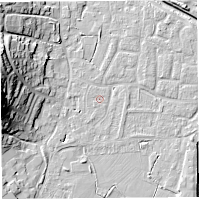 Shaded relief map of the ground around BS206UU, computed from Environment Agency LiDAR. The ground here sits at about 7 m above sea level and falls 29 m across the surrounding 800 m. Surface water reaching this point runs off ground lying to the west-north-west, 0.9 m higher.