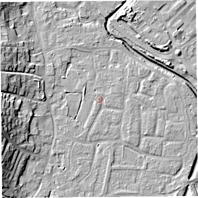 Shaded relief map of the ground around BS206UW, computed from Environment Agency LiDAR. The ground here sits at about 7 m above sea level and falls 16 m across the surrounding 800 m. Surface water reaching this point runs off ground lying to the west-north-west, 1.5 m higher.