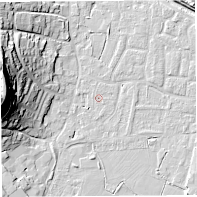 Shaded relief map of the ground around BS206UX, computed from Environment Agency LiDAR. The ground here sits at about 7 m above sea level and falls 40 m across the surrounding 800 m. Surface water reaching this point runs off ground lying to the south, 0.7 m higher.