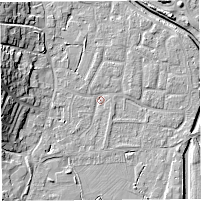 Shaded relief map of the ground around BS206UY, computed from Environment Agency LiDAR. The ground here sits at about 7 m above sea level and falls 16 m across the surrounding 800 m. Surface water reaching this point runs off ground lying to the south-west, 2.1 m higher.