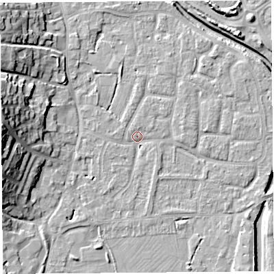 Shaded relief map of the ground around BS206UZ, computed from Environment Agency LiDAR. The ground here sits at about 7 m above sea level and falls 18 m across the surrounding 800 m. Surface water reaching this point runs off ground lying to the east-north-east, 2.1 m higher.