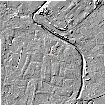 Shaded relief map of the ground around BS206XY, computed from Environment Agency LiDAR. The ground here sits at about 7 m above sea level and falls 8 m across the surrounding 800 m. Surface water reaching this point runs off ground lying to the north-north-east, 1.5 m higher.