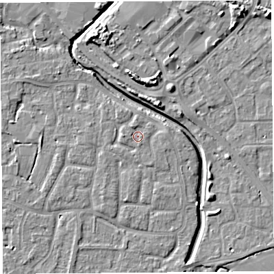 Shaded relief map of the ground around BS206XZ, computed from Environment Agency LiDAR. The ground here sits at about 7 m above sea level and falls 8 m across the surrounding 800 m. Surface water reaching this point runs off ground lying to the north-north-west, 1.1 m higher.