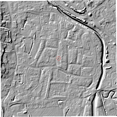 Shaded relief map of the ground around BS206YA, computed from Environment Agency LiDAR. The ground here sits at about 7 m above sea level and falls 8 m across the surrounding 800 m. Surface water reaching this point runs off ground lying to the north-west, 0.9 m higher.