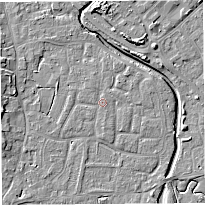 Shaded relief map of the ground around BS206YB, computed from Environment Agency LiDAR. The ground here sits at about 7 m above sea level and falls 8 m across the surrounding 800 m. Surface water reaching this point runs off ground lying to the west-north-west, 0.7 m higher.