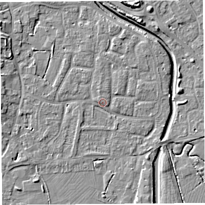Shaded relief map of the ground around BS206YD, computed from Environment Agency LiDAR. The ground here sits at about 7 m above sea level and falls 8 m across the surrounding 800 m. Surface water reaching this point runs off ground lying to the north, 1.6 m higher.