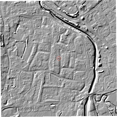 Shaded relief map of the ground around BS206YE, computed from Environment Agency LiDAR. The ground here sits at about 7 m above sea level and falls 8 m across the surrounding 800 m. Surface water reaching this point runs off ground lying to the south-west, 1.3 m higher.