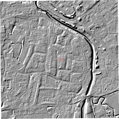 Shaded relief map of the ground around BS206YF, computed from Environment Agency LiDAR. The ground here sits at about 7 m above sea level and falls 8 m across the surrounding 800 m. Surface water reaching this point runs off ground lying to the west-south-west, 1.3 m higher.